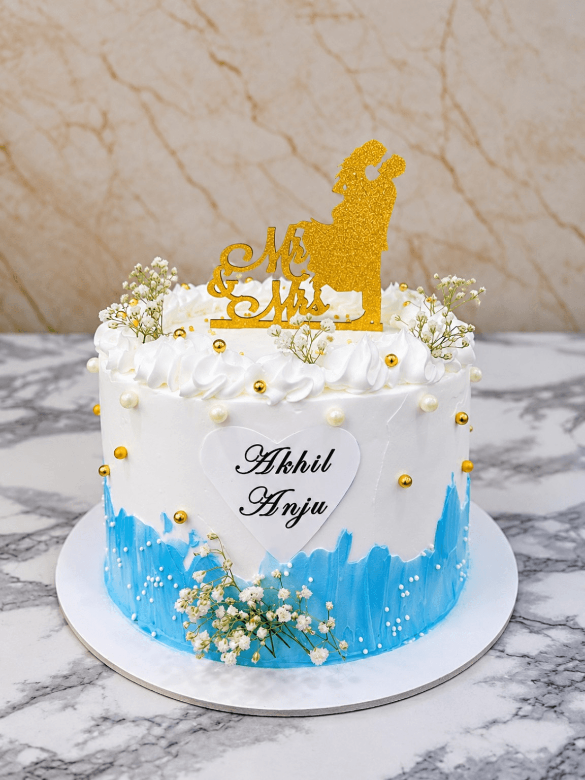Mr & Mrs Golden Silhouette Floral Cake — handcrafted anniversary cake by The Cake Walk