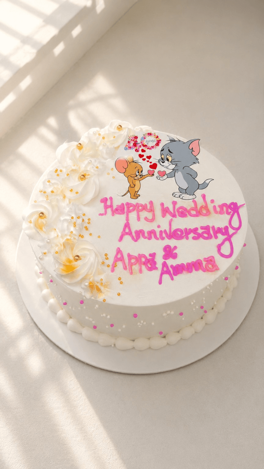 Tom & Jerry Appa & Amma Anniversary Cake — handcrafted anniversary cake by The Cake Walk
