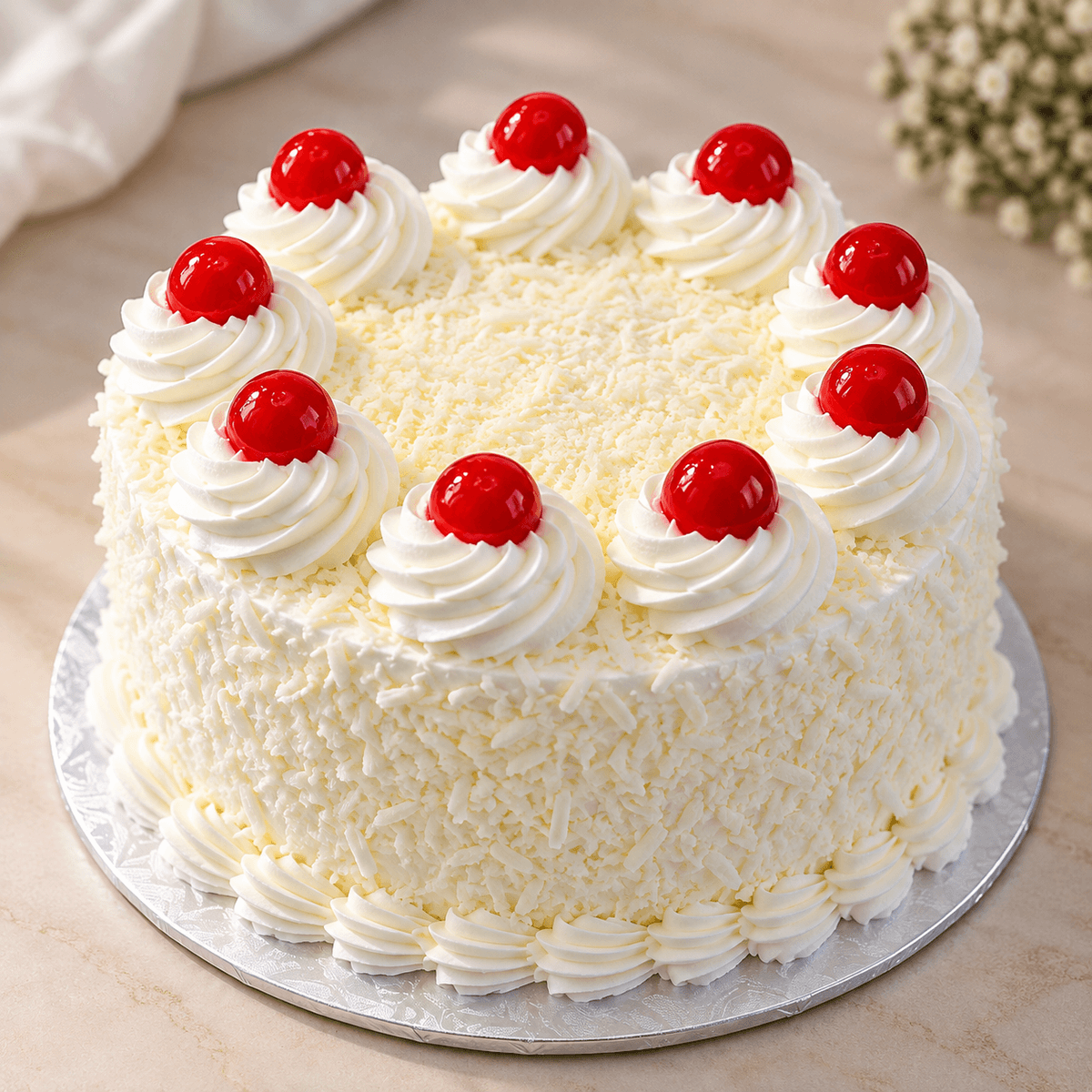 Graceful White Forest Cake — handcrafted birthday cake by The Cake Walk