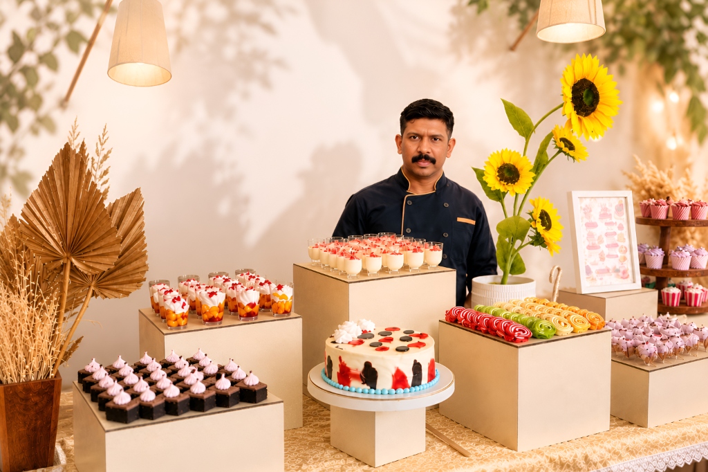 Chef Sreekanth with handcrafted cakes and dessert display at The Cake Walk, Kaduthuruthy